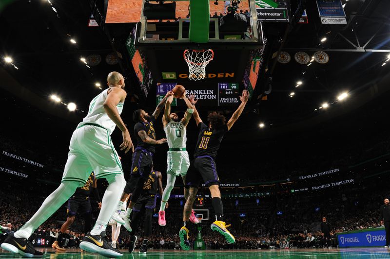 BOSTON, MA - FEBRUARY 1:  Jayson Tatum #0 of the Boston Celtics drives to the basket during the game  against the Los Angeles Lakers on February 1, 2024 at the TD Garden in Boston, Massachusetts. NOTE TO USER: User expressly acknowledges and agrees that, by downloading and or using this photograph, User is consenting to the terms and conditions of the Getty Images License Agreement. Mandatory Copyright Notice: Copyright 2024 NBAE  (Photo by Brian Babineau/NBAE via Getty Images)