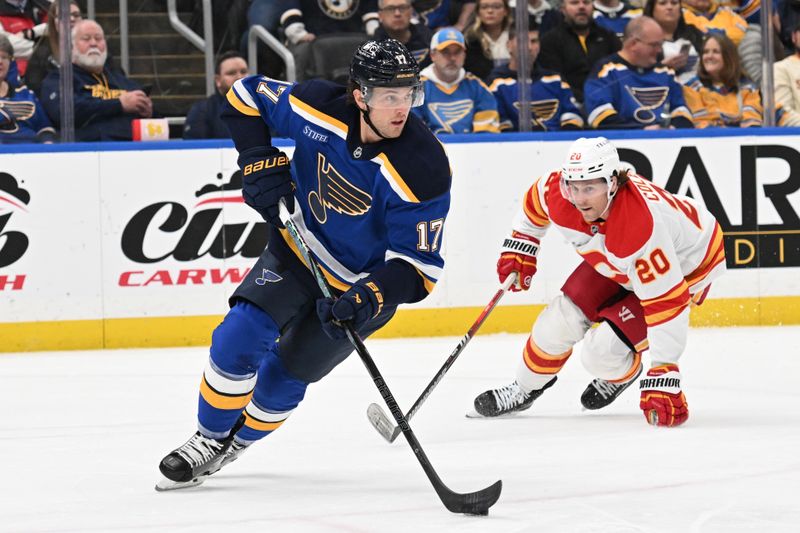 Jan 16, 2025; St. Louis, Missouri, USA; Calgary Flames center Blake Coleman (20) pressures St. Louis Blues defenseman Cam Fowler (17) in the first period at Enterprise Center. Mandatory Credit: Joe Puetz-Imagn Images