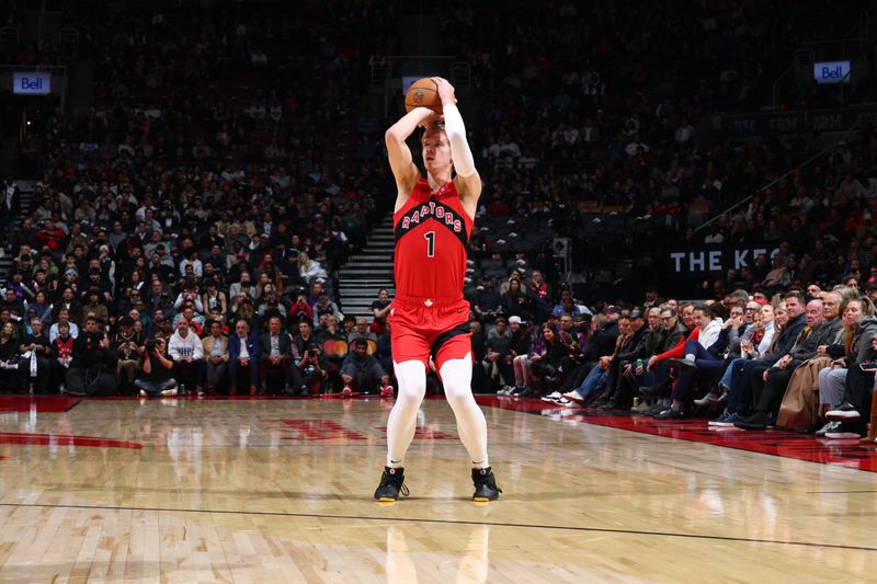 TORONTO, CANADA - DECEMBER 05: Gradey Dick #1 of the Toronto Raptors shoots a three point basket during the game against the Oklahoma City Thunder on December 5, 2024 at the Scotiabank Arena in Toronto, Ontario, Canada.  NOTE TO USER: User expressly acknowledges and agrees that, by downloading and or using this Photograph, user is consenting to the terms and conditions of the Getty Images License Agreement.  Mandatory Copyright Notice: Copyright 2024 NBAE (Photo by Vaughn Ridley/NBAE via Getty Images)