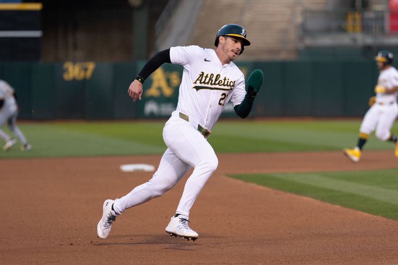 Apr 29, 2024; Oakland, California, USA; Oakland Athletics outfielder Brent Rooker (25) runs during the fourth inning against the Pittsburgh Pirates at Oakland-Alameda County Coliseum. Mandatory Credit: Stan Szeto-USA TODAY Sports