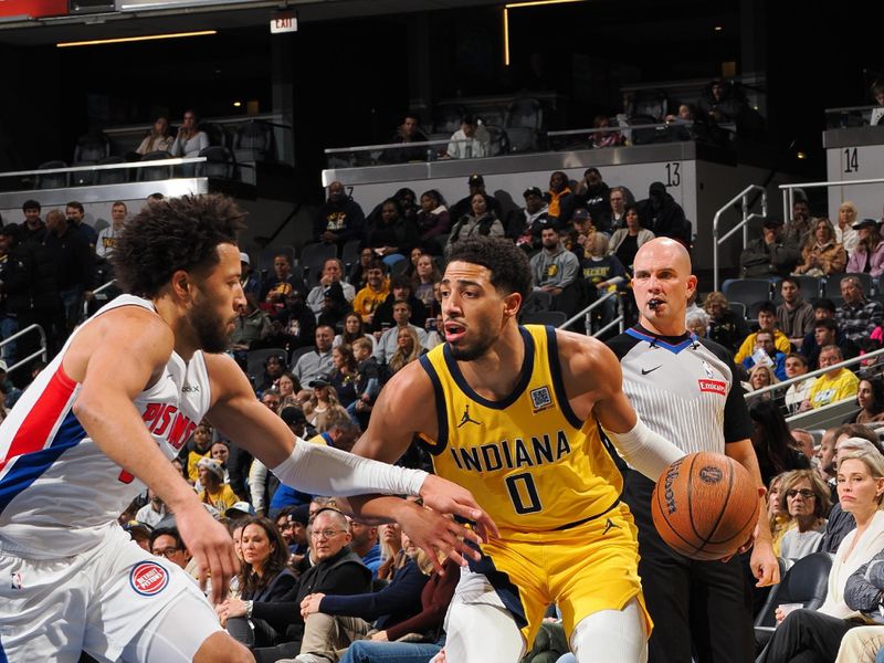 INDIANAPOLIS, IN - NOVEMBER 29: Tyrese Haliburton #0 of the Indiana Pacers handles the ball during the game against the Detroit Pistons during the Emirates NBA Cup game on November 29, 2024 at Gainbridge Fieldhouse in Indianapolis, Indiana. NOTE TO USER: User expressly acknowledges and agrees that, by downloading and or using this Photograph, user is consenting to the terms and conditions of the Getty Images License Agreement. Mandatory Copyright Notice: Copyright 2024 NBAE (Photo by Ron Hoskins/NBAE via Getty Images)