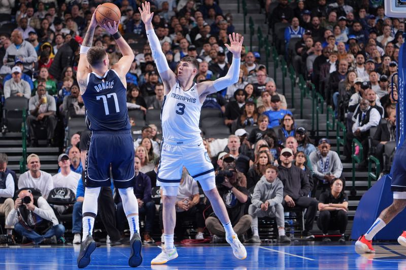 DALLAS, TX - DECEMBER 3: Luka Doncic #77 of the Dallas Mavericks shoots a three point basket during the game against the Memphis Grizzlies during a Emirates NBA Cup game on December 3, 2024 at American Airlines Center in Dallas, Texas. NOTE TO USER: User expressly acknowledges and agrees that, by downloading and or using this photograph, User is consenting to the terms and conditions of the Getty Images License Agreement. Mandatory Copyright Notice: Copyright 2024 NBAE (Photo by Glenn James/NBAE via Getty Images)