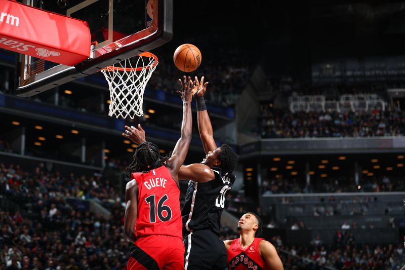 BROOKLYN, NY - APRIL 10: Day'Ron Sharpe #20 of the Brooklyn Nets goes to the basket during the game on April 10, 2024 at Barclays Center in Brooklyn, New York. NOTE TO USER: User expressly acknowledges and agrees that, by downloading and or using this Photograph, user is consenting to the terms and conditions of the Getty Images License Agreement. Mandatory Copyright Notice: Copyright 2024 NBAE (Photo by David L. Nemec/NBAE via Getty Images)