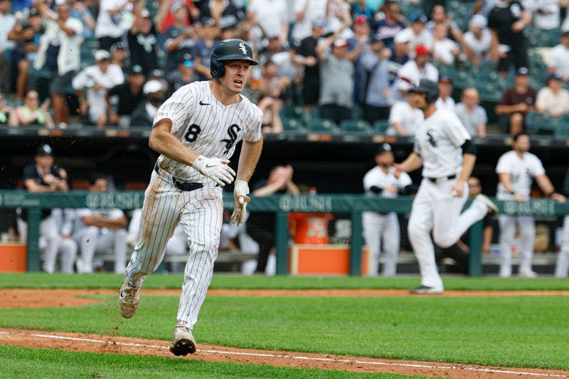 Jun 29, 2025; Chicago, Illinois, USA; Chicago White Sox catcher Kyle Teel (8) runs after hitting a two-run double against the San Francisco Giants during the seventh inning at Rate Field. Mandatory Credit: Kamil Krzaczynski-Imagn Images