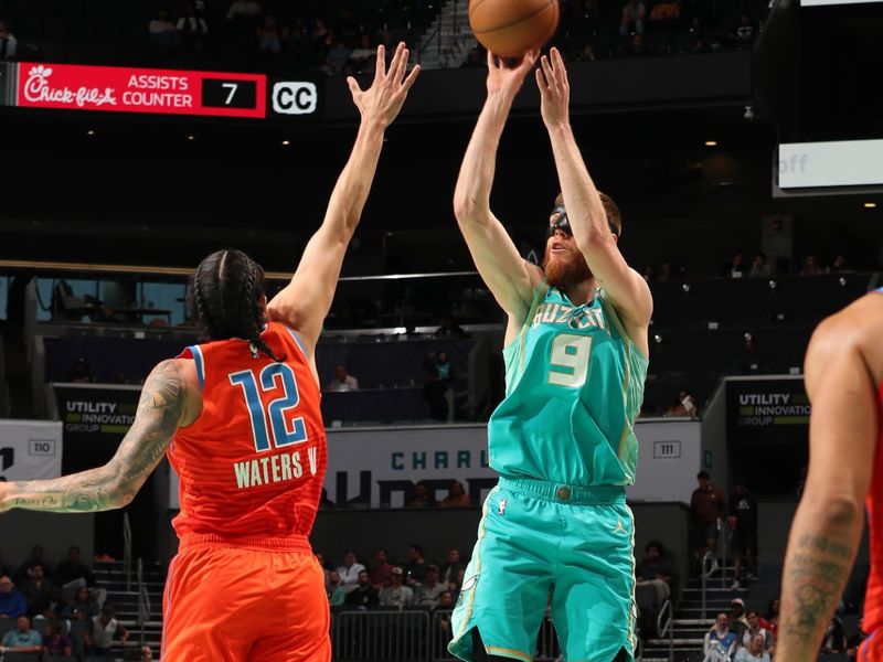 CHARLOTTE, NC - APRIL 7: Davis Bertans #9 of the Charlotte Hornets shoots the ball during the game against the Oklahoma City Thunder on April 7, 2024 at Spectrum Center in Charlotte, North Carolina. NOTE TO USER: User expressly acknowledges and agrees that, by downloading and or using this photograph, User is consenting to the terms and conditions of the Getty Images License Agreement. Mandatory Copyright Notice: Copyright 2024 NBAE (Photo by Kent Smith/NBAE via Getty Images)