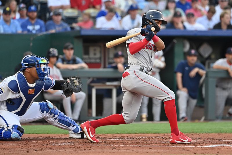 Aug 5, 2024; Kansas City, Missouri, USA;  Boston Red Sox shortstop David Hamilton (70) doubles in a run in the second inning against the Kansas City Royals at Kauffman Stadium. Mandatory Credit: Peter Aiken-USA TODAY Sports