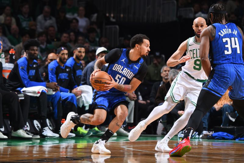 BOSTON, MA - JANUARY 17: Cole Anthony #50 of the Orlando Magic handles the ball during the game against the Boston Celtics on January 17, 2025 at TD Garden in Boston, Massachusetts. NOTE TO USER: User expressly acknowledges and agrees that, by downloading and/or using this Photograph, user is consenting to the terms and conditions of the Getty Images License Agreement. Mandatory Copyright Notice: Copyright 2025 NBAE (Photo by Brian Babineau/NBAE via Getty Images)