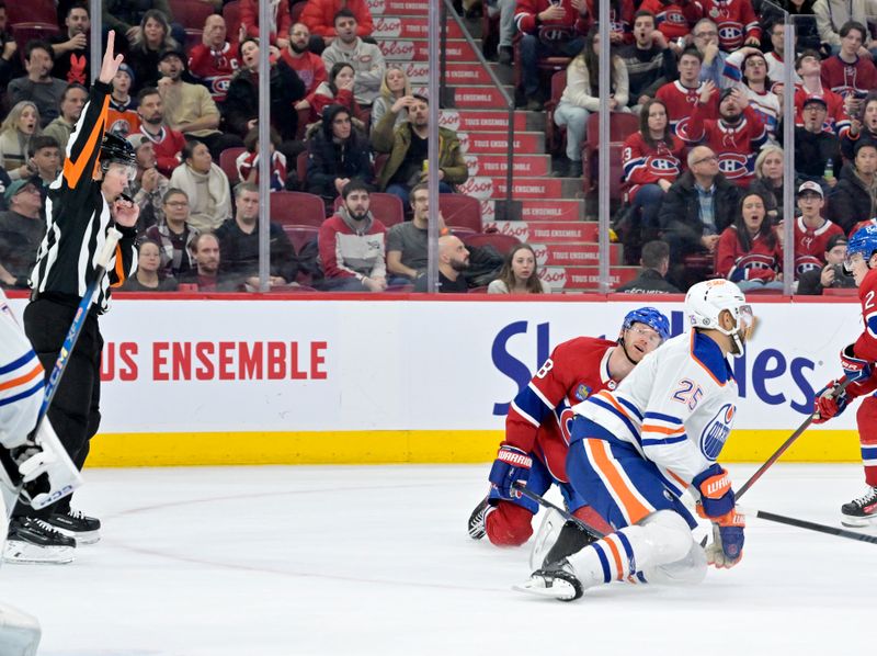 Jan 13, 2024; Montreal, Quebec, CAN; Montreal Canadiens defenseman Mike Matheson (8) reacts as the referee calls a penalty for high sticking Edmonton Oilers defenseman Darnell Nurse (25) during the overtime period at the Bell Centre. Mandatory Credit: Eric Bolte-USA TODAY Sports