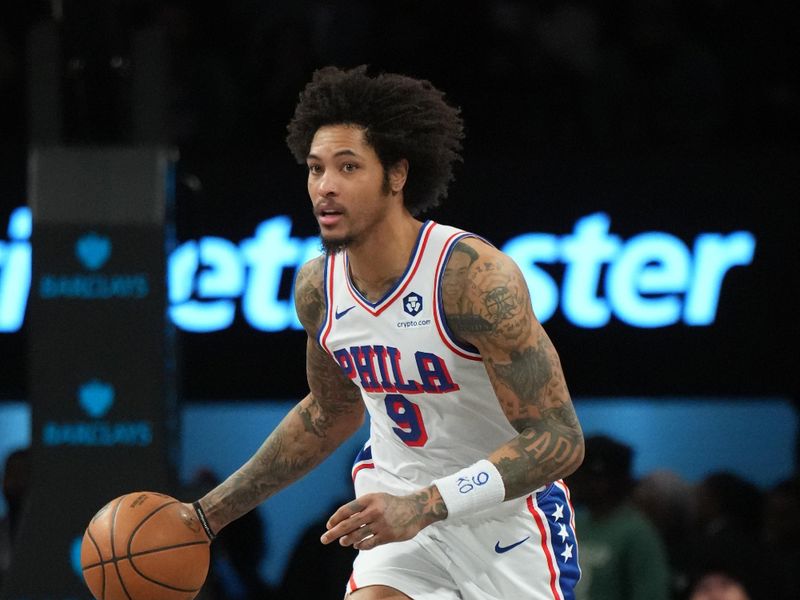 BROOKLYN, NY - FEBRUARY 12: Kelly Oubre Jr. #9 of the Philadelphia 76ers dribbles the ball during the game against the Brooklyn Nets on February 12, 2025 at Barclays Center in Brooklyn, New York. NOTE TO USER: User expressly acknowledges and agrees that, by downloading and or using this Photograph, user is consenting to the terms and conditions of the Getty Images License Agreement. Mandatory Copyright Notice: Copyright 2025 NBAE (Photo by Jesse D. Garrabrant/NBAE via Getty Images)