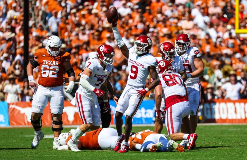 Oct 7, 2023; Dallas, Texas, USA;  Oklahoma Sooners defensive back Gentry Williams (9) reacts during the game against the Texas Longhorns at the Cotton Bowl. Mandatory Credit: Kevin Jairaj-USA TODAY Sports