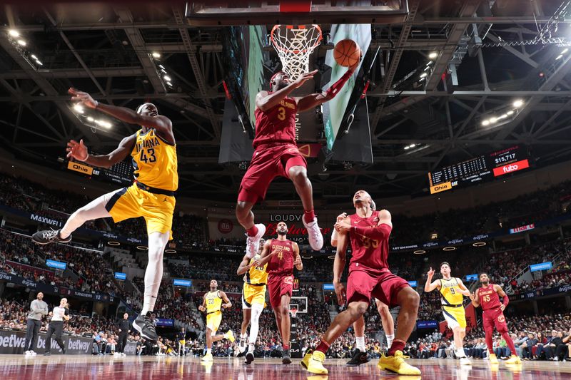 CLEVELAND, OH - APRIL 12: Caris LeVert #3 of the Cleveland Cavaliers drives to the basket during the game against the Indiana Pacers on April 12, 2024 at Rocket Mortgage FieldHouse in Cleveland, Ohio. NOTE TO USER: User expressly acknowledges and agrees that, by downloading and/or using this Photograph, user is consenting to the terms and conditions of the Getty Images License Agreement. Mandatory Copyright Notice: Copyright 2024 NBAE (Photo by Jeff Haynes/NBAE via Getty Images)