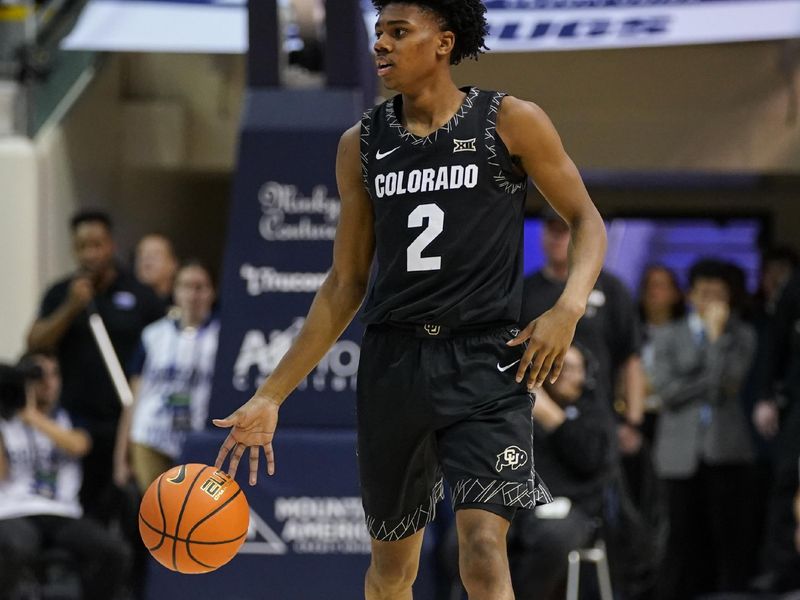 Feb 14, 2026; Provo, Utah, USA; Isaiah Johnson (2) of the Colorado Buffaloes dribbles the ball during the second half against the BYU Cougars at the Marriott Center. Mandatory Credit: Aaron Baker-Imagn Images