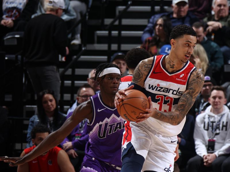 SALT LAKE CITY, UT - MARCH 4:  Kyle Kuzma #33 of the Washington Wizards handles the ball during the game against the Utah Jazz on March 4, 2024 at vivint.SmartHome Arena in Salt Lake City, Utah. NOTE TO USER: User expressly acknowledges and agrees that, by downloading and or using this Photograph, User is consenting to the terms and conditions of the Getty Images License Agreement. Mandatory Copyright Notice: Copyright 2024 NBAE (Photo by Melissa Majchrzak/NBAE via Getty Images)