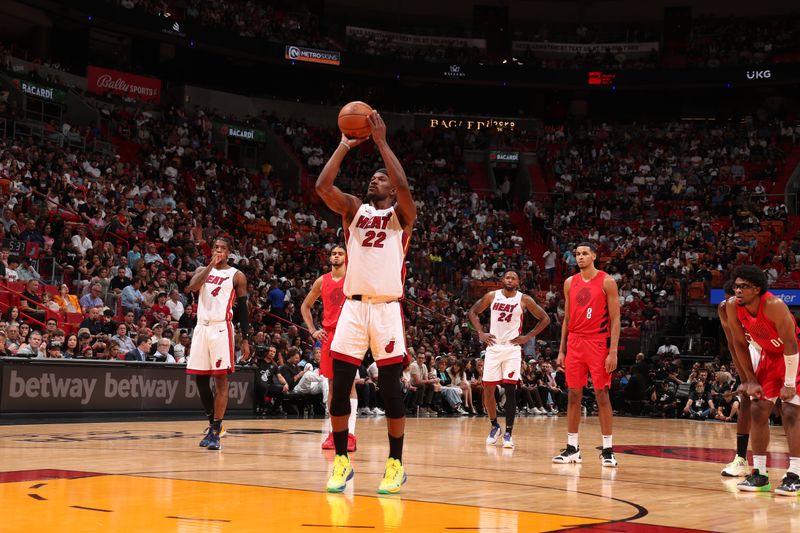 MIAMI, FL - MARCH 29: Jimmy Butler #22 of the Miami Heat shoots a free throw during the game against the Portland Trail Blazers on March 29, 2024 at Kaseya Center in Miami, Florida. NOTE TO USER: User expressly acknowledges and agrees that, by downloading and or using this Photograph, user is consenting to the terms and conditions of the Getty Images License Agreement. Mandatory Copyright Notice: Copyright 2024 NBAE (Photo by Issac Baldizon/NBAE via Getty Images)