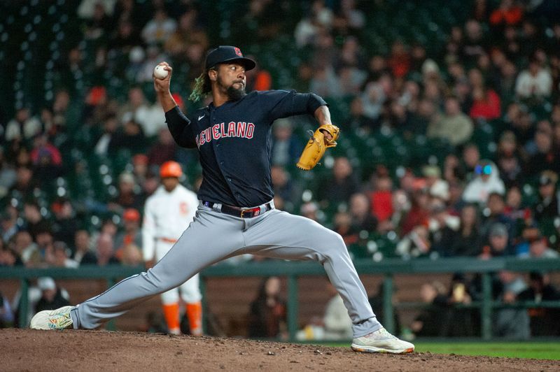 Sep 12, 2023; San Francisco, California, USA; Cleveland Guardians relief pitcher Emmanuel Clase (48) throws a pitch during the ninth inning against the San Francisco Giants at Oracle Park. Mandatory Credit: Ed Szczepanski-USA TODAY Sports