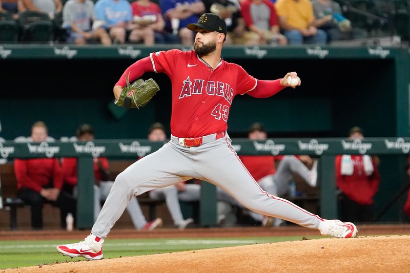 May 18, 2024; Arlington, Texas, USA; Los Angeles Angels starting pitcher Patrick Sandoval (43) throws to the plate during the first inning against the Texas Rangers at Globe Life Field. Mandatory Credit: Raymond Carlin III-USA TODAY Sports