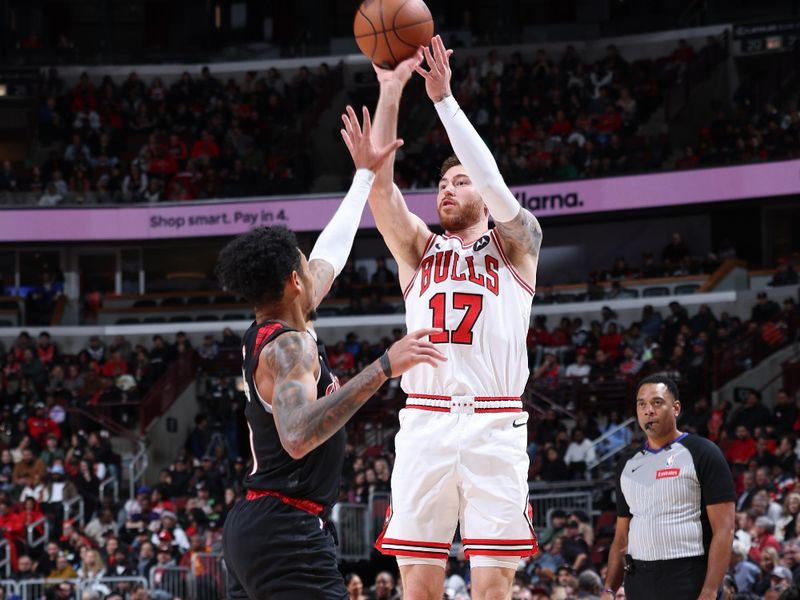 CHICAGO, IL - MARCH 18:  Onuralp Bitim #17 of the Chicago Bulls shoots a three point basket during the game against the Portland Trail Blazers on March 18, 2024 at United Center in Chicago, Illinois. NOTE TO USER: User expressly acknowledges and agrees that, by downloading and or using this photograph, User is consenting to the terms and conditions of the Getty Images License Agreement. Mandatory Copyright Notice: Copyright 2024 NBAE (Photo by Jeff Haynes/NBAE via Getty Images)