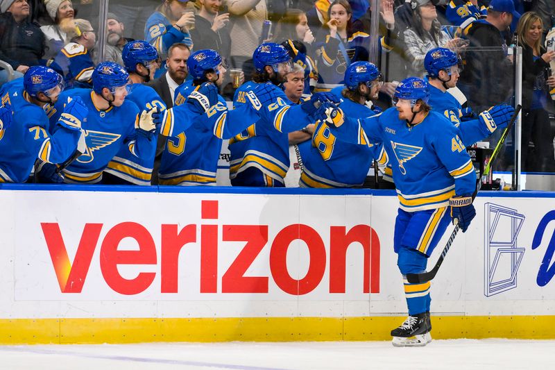Oct 19, 2024; St. Louis, Missouri, USA;  St. Louis Blues right wing Kasperi Kapanen (42) is congratulated by teammates after scoring against the Carolina Hurricanes during the third period at Enterprise Center. Mandatory Credit: Jeff Curry-Imagn Images