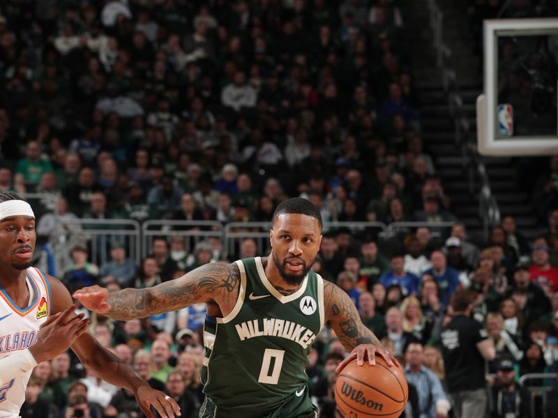 MILWAUKEE, WI - MARCH 24: Damian Lillard #0 of the Milwaukee Bucks handles the ball during the game against the Oklahoma City Thunder on March 24, 2024 at the Fiserv Forum Center in Milwaukee, Wisconsin. NOTE TO USER: User expressly acknowledges and agrees that, by downloading and or using this Photograph, user is consenting to the terms and conditions of the Getty Images License Agreement. Mandatory Copyright Notice: Copyright 2024 NBAE (Photo by Gary Dineen/NBAE via Getty Images).