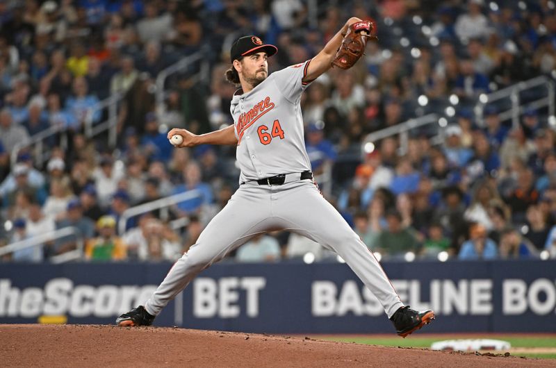 Aug 8, 2024; Toronto, Ontario, CAN; Baltimore Orioles pitcher Dean Kremer (64) pitches in the first inning against the Toronto Blue Jays at Rogers Centre. Mandatory Credit: Gerry Angus-USA TODAY Sports