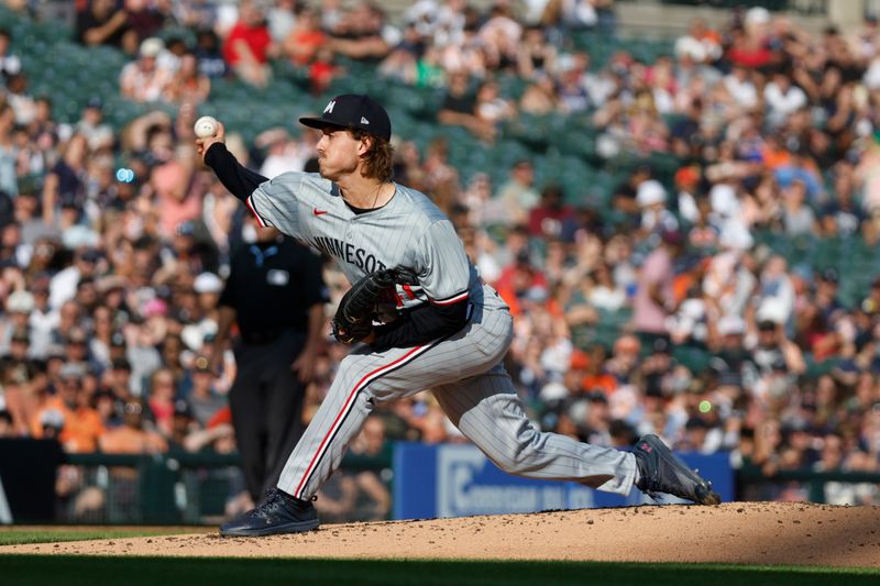 Jul 27, 2024; Detroit, Michigan, USA; Minnesota Twins starting pitcher Joe Ryan (41) throws during the first inning against the Detroit Tigers at Comerica Park. Mandatory Credit: Brian Bradshaw Sevald-USA TODAY Sports