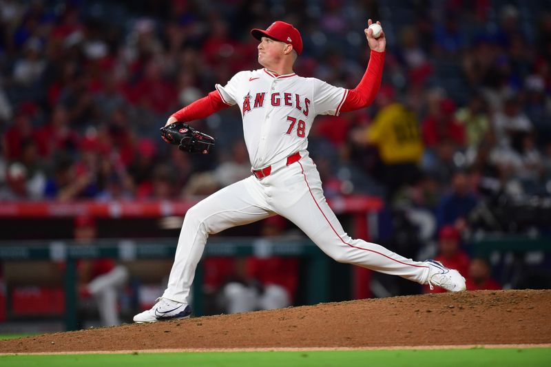 Aug 13, 2024; Anaheim, California, USA; Los Angeles Angels pitcher Kenny Rosenberg (78) throws against the Toronto Blue Jays during the fifth inning at Angel Stadium. Mandatory Credit: Gary A. Vasquez-USA TODAY Sports