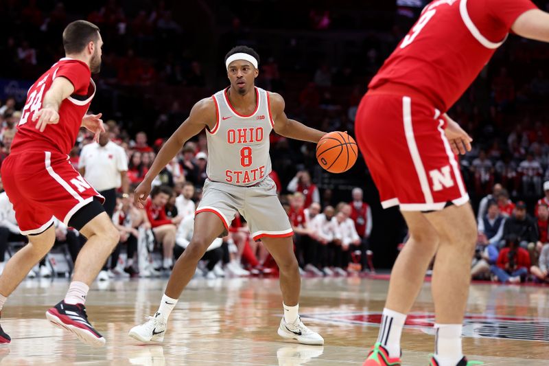 Mar 4, 2025; Columbus, Ohio, USA;  Ohio State Buckeyes guard Micah Parrish (8) looks to pass as Nebraska Cornhuskers guard Rollie Worster (24) defends during the second half at Value City Arena. Mandatory Credit: Joseph Maiorana-Imagn Images