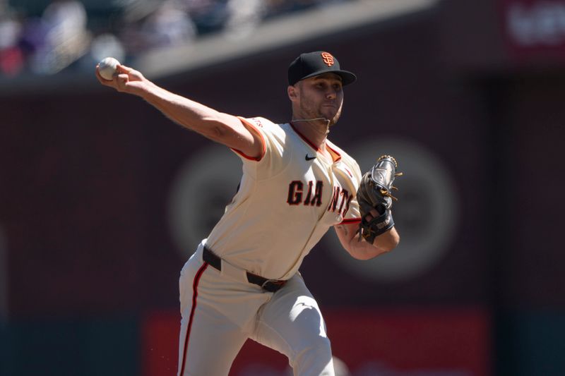 Sep 5, 2024; San Francisco, California, USA;  San Francisco Giants pitcher Landen Roupp (65) pitches during the third inning against the Arizona Diamondbacks at Oracle Park. Mandatory Credit: Stan Szeto-Imagn Images