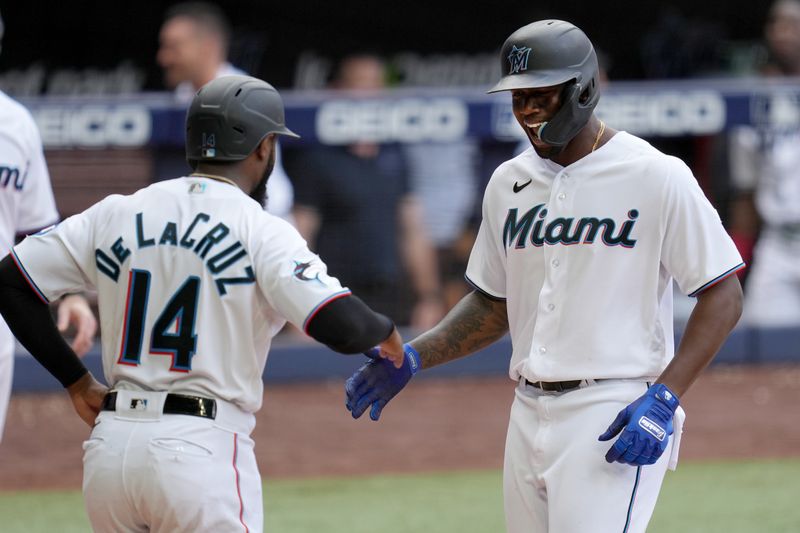 Apr 5, 2023; Miami, Florida, USA;  Miami Marlins left fielder Jorge Soler, right, is greeted by center fielder Bryan De La Cruz (14) after hitting a three-run home run against the Minnesota Twins in the eighth inning at loanDepot Park. Mandatory Credit: Jim Rassol-USA TODAY Sports