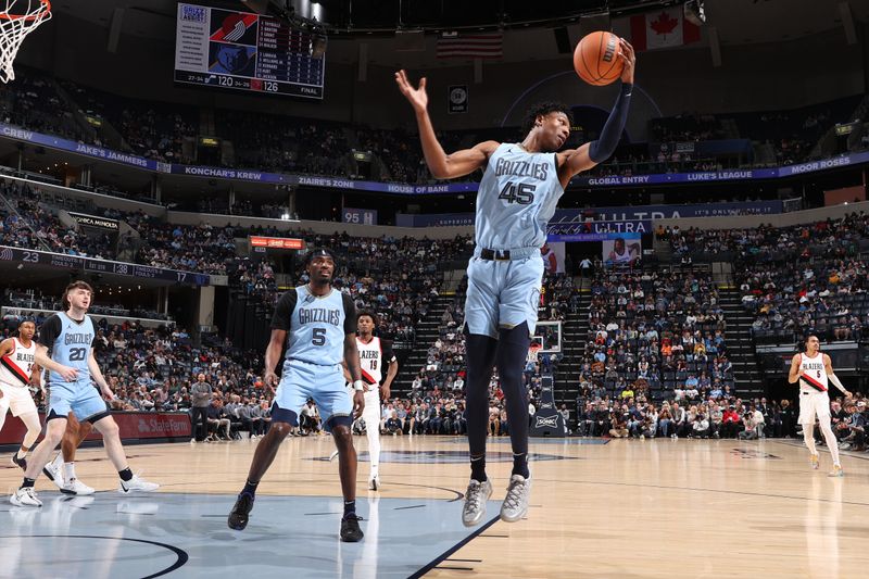 MEMPHIS, TN - MARCH 2: GG Jackson #45 of the Memphis Grizzlies grabs a rebound during the game against the Portland Trail Blazers on March 2, 2024 at FedExForum in Memphis, Tennessee. NOTE TO USER: User expressly acknowledges and agrees that, by downloading and or using this photograph, User is consenting to the terms and conditions of the Getty Images License Agreement. Mandatory Copyright Notice: Copyright 2024 NBAE (Photo by Joe Murphy/NBAE via Getty Images)