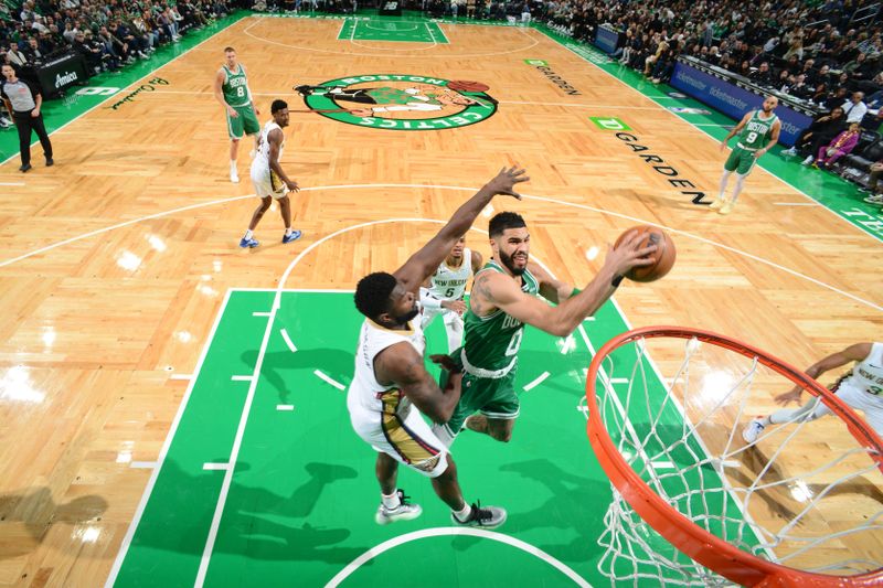 BOSTON, MA - JANUARY 12: Jayson Tatum #0 of the Boston Celtics drives to the basket during the game against the New Orleans Pelicans on January 12, 2025 at TD Garden in Boston, Massachusetts. NOTE TO USER: User expressly acknowledges and agrees that, by downloading and/or using this Photograph, user is consenting to the terms and conditions of the Getty Images License Agreement. Mandatory Copyright Notice: Copyright 2025 NBAE (Photo by Brian Babineau/NBAE via Getty Images)