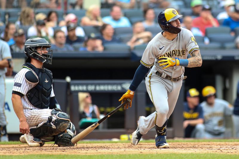 Sep 10, 2023; Bronx, New York, USA;  Milwaukee Brewers second baseman Brice Turang (2) hits a double in the fifth inning against the New York Yankees at Yankee Stadium. Mandatory Credit: Wendell Cruz-USA TODAY Sports