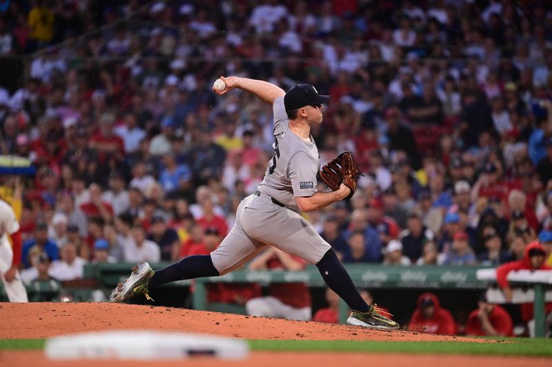 Jul 28, 2024; Boston, Massachusetts, USA; New York Yankees starting pitcher Carlos Rodon (55) pitches against the Boston Red Sox during the third inning at Fenway Park. Mandatory Credit: Eric Canha-USA TODAY Sports