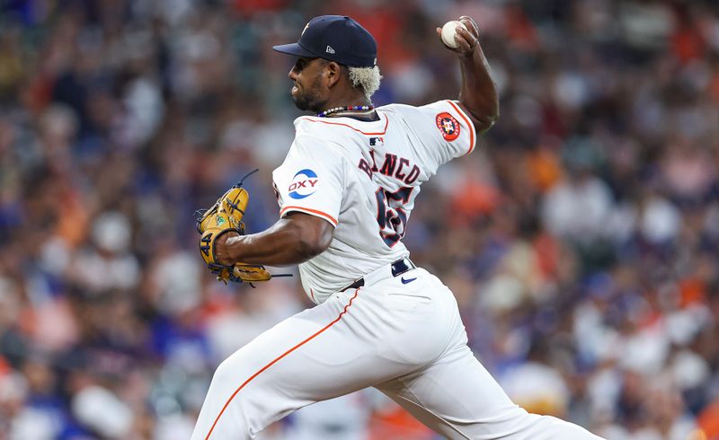 Jul 27, 2024; Houston, Texas, USA; Houston Astros starting pitcher Ronel Blanco (56) delivers a pitch during the first inning against the Los Angeles Dodgers at Minute Maid Park. Mandatory Credit: Troy Taormina-USA TODAY Sports