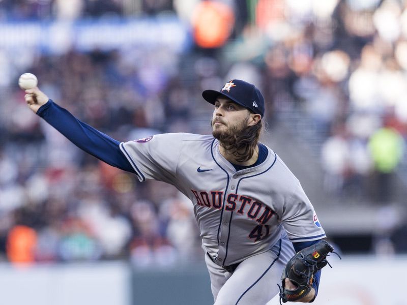 Jun 10, 2024; San Francisco, California, USA; Houston Astros starting pitcher Spencer Arrighetti (41) throws against the San Francisco Giants during the first inning at Oracle Park. Mandatory Credit: John Hefti-USA TODAY Sports