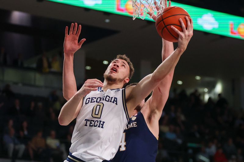 Feb 8, 2023; Atlanta, Georgia, USA; Georgia Tech Yellow Jackets guard Lance Terry (0) shoots against the Notre Dame Fighting Irish in the second half at McCamish Pavilion. Mandatory Credit: Brett Davis-USA TODAY Sports