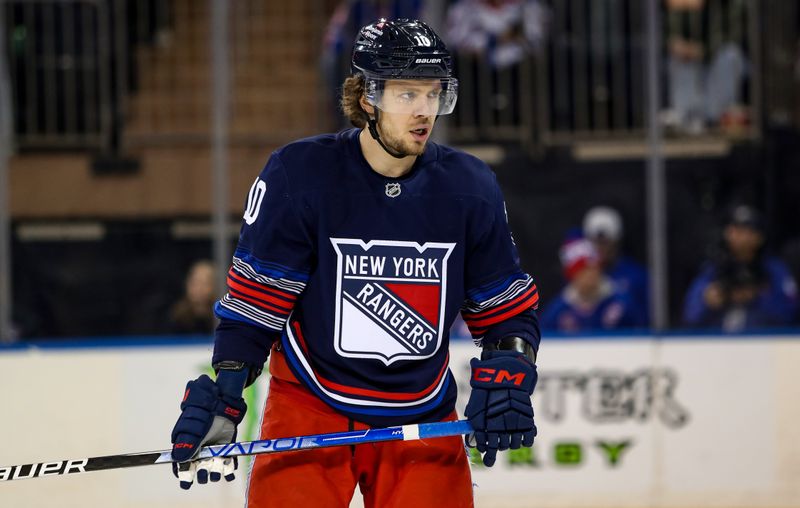 Nov 3, 2024; New York, New York, USA; New York Rangers left wing Artemi Panarin (10) skates against the New York Islanders during the third period at Madison Square Garden. Mandatory Credit: Danny Wild-Imagn Images