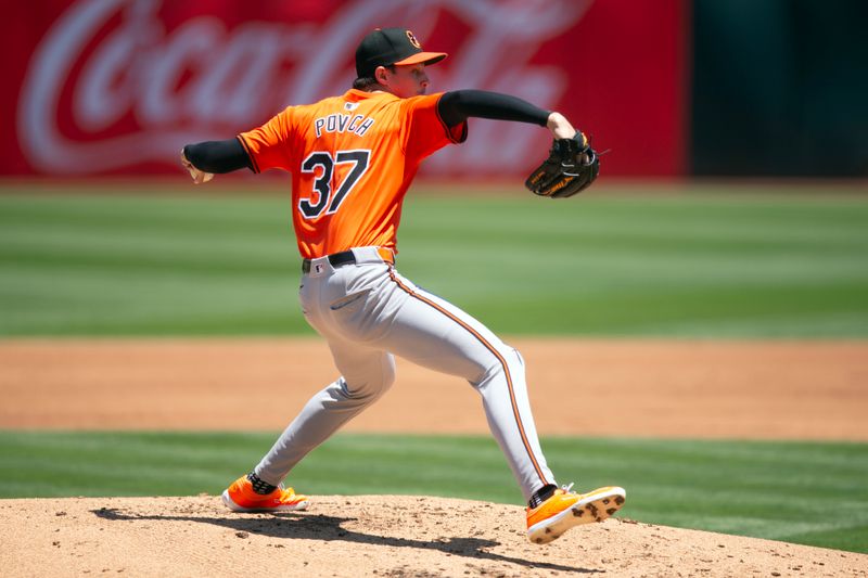 Jul 6, 2024; Oakland, California, USA; Baltimore Orioles starting pitcher Cade Povich (37) delivers a pitch against the Oakland Athletics during the first inning at Oakland-Alameda County Coliseum. Mandatory Credit: D. Ross Cameron-USA TODAY Sports