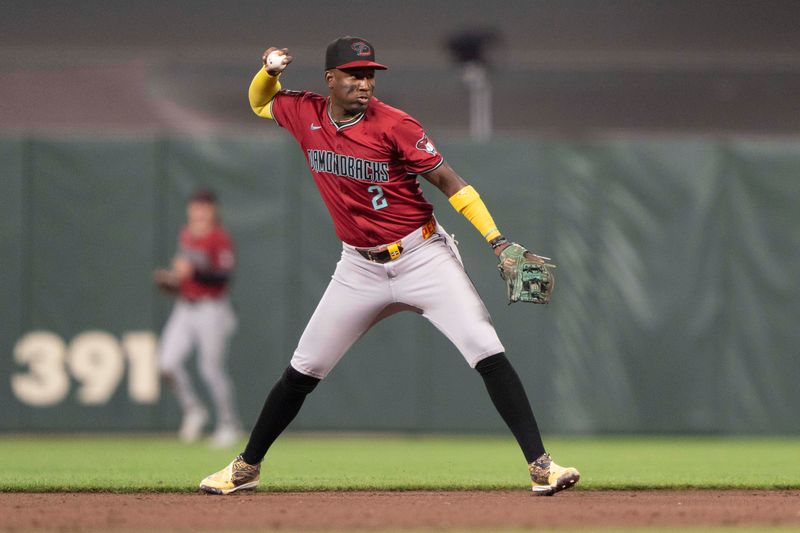 Sep 4, 2024; San Francisco, California, USA;  Arizona Diamondbacks shortstop Geraldo Perdomo (2) throws the ball during the third inning against the San Francisco Giants at Oracle Park. Mandatory Credit: Stan Szeto-Imagn Images