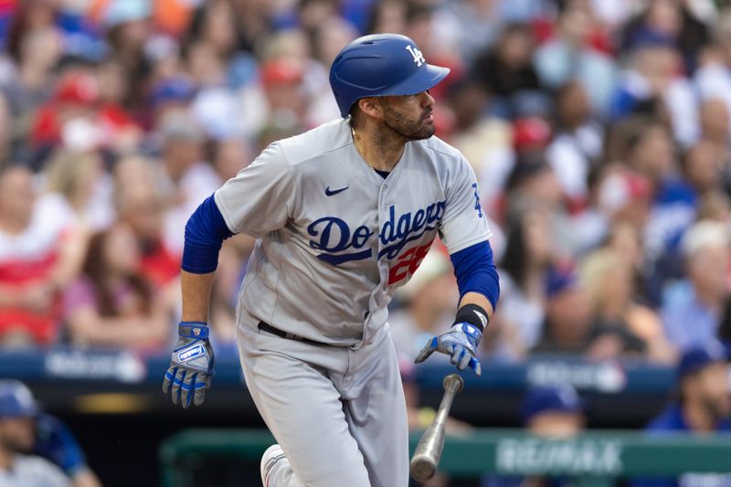 Jun 9, 2023; Philadelphia, Pennsylvania, USA; Los Angeles Dodgers designated hitter J.D. Martinez (28) hits an RBI double during the first inning Philadelphia Phillies at Citizens Bank Park. Mandatory Credit: Bill Streicher-USA TODAY Sports