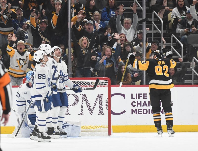 Nov 25, 2023; Pittsburgh, Pennsylvania, USA; Pittsburgh Penguins left wing Matt Nieto (83) celebrates a goal by center Noel Acciari (55) against the Toronto Maple Leafs  during the second period at PPG Paints Arena. Mandatory Credit: Philip G. Pavely-USA TODAY Sports