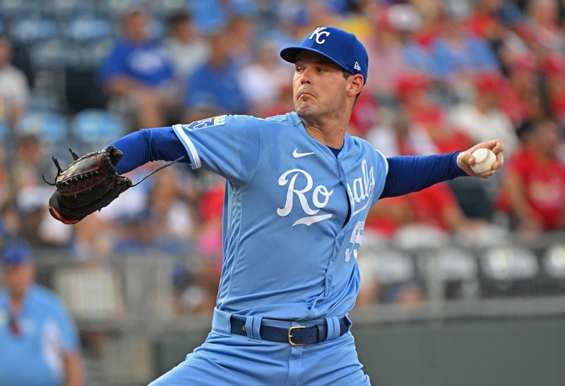 Aug 12, 2023; Kansas City, Missouri, USA;  Kansas City Royals starting pitcher Cole Ragans (55) delivers a pitch in the first inning against the St. Louis Cardinals at Kauffman Stadium. Mandatory Credit: Peter Aiken-USA TODAY Sports