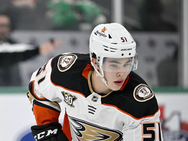 Jan 25, 2024; Dallas, Texas, USA; Anaheim Ducks defenseman Olen Zellweger (51) skates against the Dallas Stars during the second period at the American Airlines Center. Mandatory Credit: Jerome Miron-USA TODAY Sports