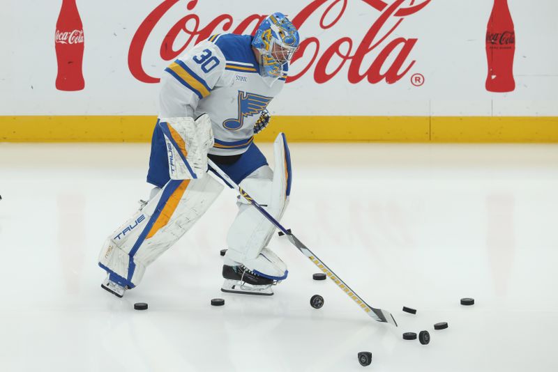 Oct 27, 2025; Pittsburgh, Pennsylvania, USA;  St. Louis Blues goaltender Joel Hofer (30) takes the ice to warm up against the Pittsburgh Penguins at PPG Paints Arena. Mandatory Credit: Charles LeClaire-Imagn Images