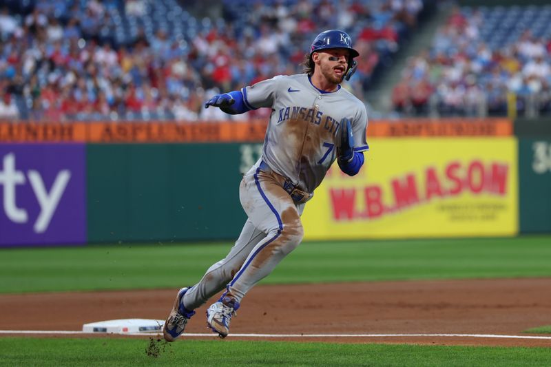 Sep 12, 2025; Philadelphia, Pennsylvania, USA; Kansas City Royals shortstop Bobby Witt Jr. (7) rounds third base on his way to scoring against the Philadelphia Phillies during the first inning at Citizens Bank Park. Mandatory Credit: Bill Streicher-Imagn Images