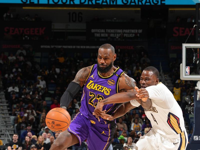 NEW ORLEANS, LA - NOVEMBER 16: LeBron James #23 of the Los Angeles Lakers dribbles the ball during the game against the New Orleans Pelicans on November 16, 2024 at the Smoothie King Center in New Orleans, Louisiana. NOTE TO USER: User expressly acknowledges and agrees that, by downloading and or using this Photograph, user is consenting to the terms and conditions of the Getty Images License Agreement. Mandatory Copyright Notice: Copyright 2024 NBAE (Photo by Jesse D. Garrabrant/NBAE via Getty Images)