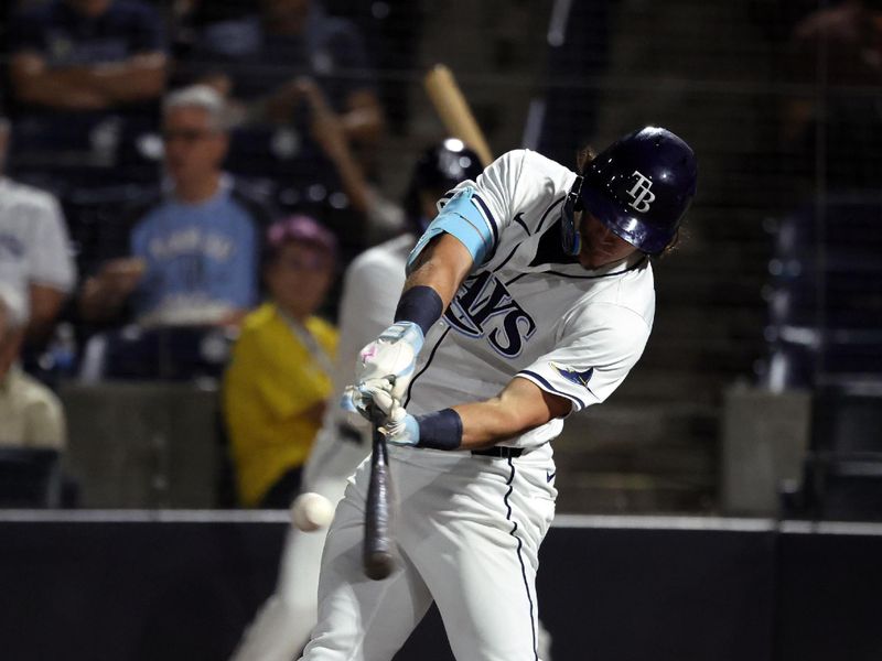 Sep 16, 2025; St. Petersburg, Florida, USA; Tampa Bay Rays shortstop Tristan Gray (10) singles during the fourth inning against the Toronto Blue Jays  at George M. Steinbrenner Field. Mandatory Credit: Kim Klement Neitzel-Imagn Images