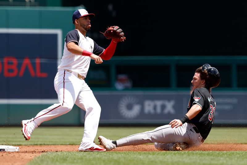 Jun 20, 2024; Washington, District of Columbia, USA; Arizona Diamondbacks outfielder Jake McCarthy (31) steals second bae ahead of a throw to Washington Nationals second base Luis García Jr. (2) during the second inning at Nationals Park. Mandatory Credit: Geoff Burke-USA TODAY Sports