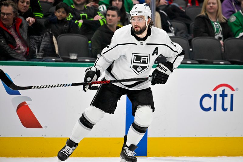 Jan 16, 2024; Dallas, Texas, USA; Los Angeles Kings defenseman Drew Doughty (8) skates against the Dallas Stars during the third period at the American Airlines Center. Mandatory Credit: Jerome Miron-USA TODAY Sports