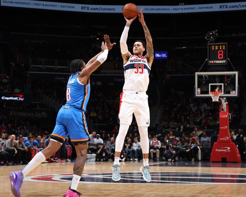 WASHINGTON, DC -? JANUARY 8: Kyle Kuzma #33 of the Washington Wizards shoots a three point basket during the game against the Oklahoma City Thunder on January 8, 2024 at Capital One Arena in Washington, DC. NOTE TO USER: User expressly acknowledges and agrees that, by downloading and or using this Photograph, user is consenting to the terms and conditions of the Getty Images License Agreement. Mandatory Copyright Notice: Copyright 2024 NBAE (Photo by Stephen Gosling/NBAE via Getty Images)